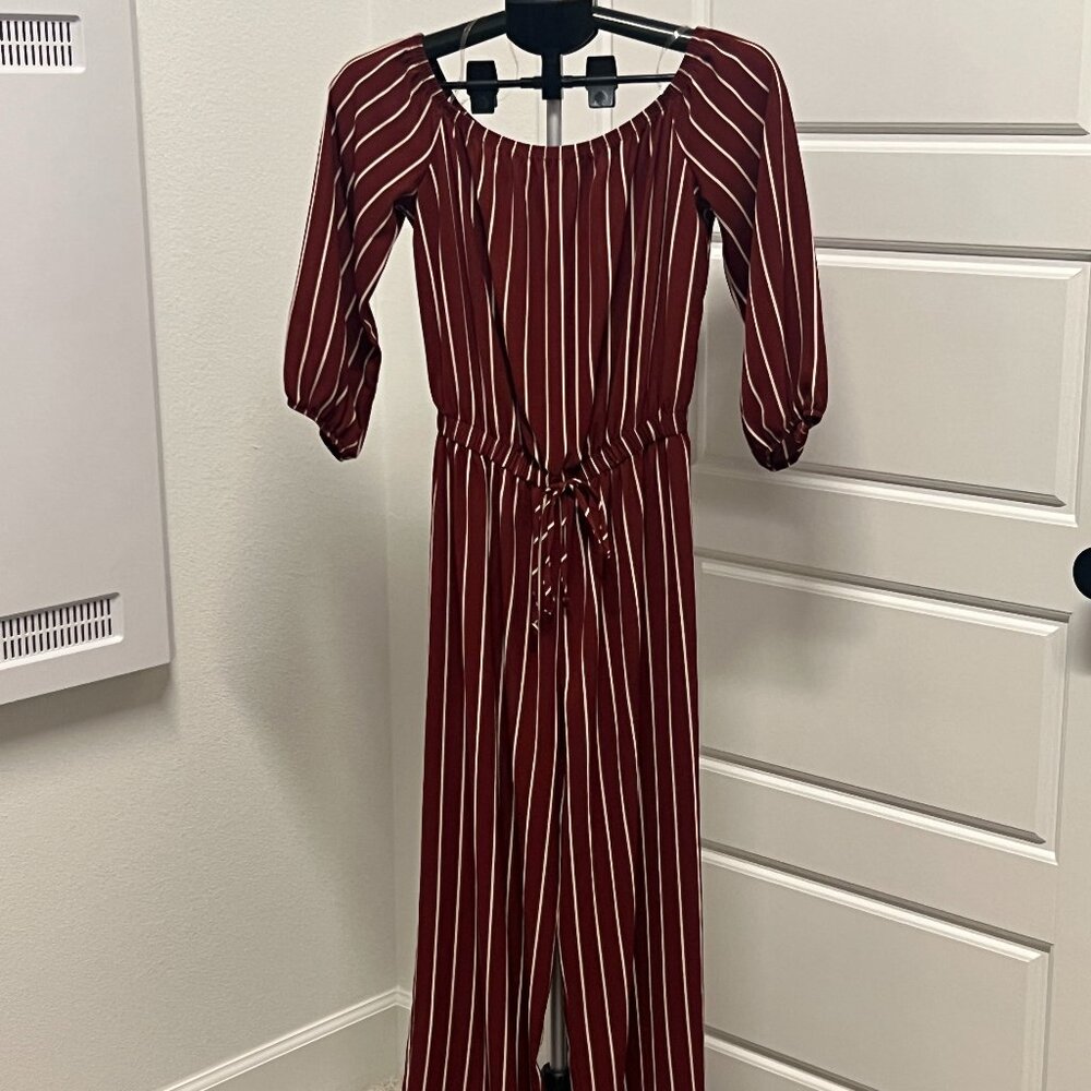 Haute Monde Maroon & White Striped Off-Shoulder Jumpsuit, M, EUC